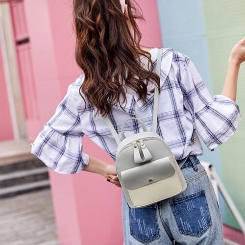 Mimi Patchwork Packback Women Fashion PU Leather Zipper Waterproof Student School Bag Female Multi-Function Phone Pack