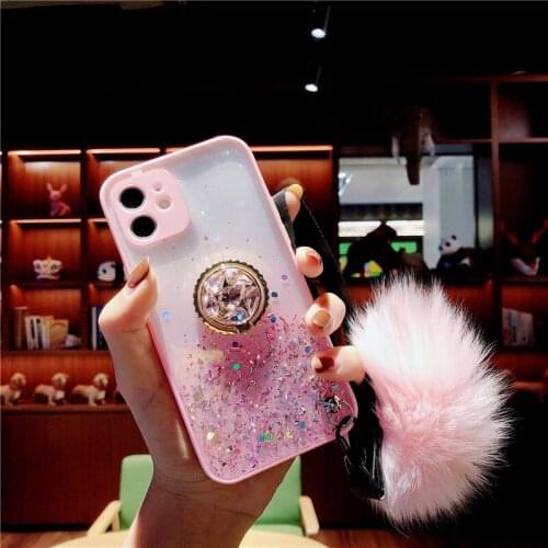 Hairball Plush Hand Strap Case For Huawei P30 P40 Lite Y6 2019 Y5P Y6P Y7P Mate 30 Pro Nova 7I Honor 8A Transparent Glitter Case