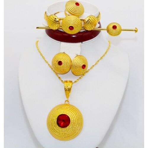 Conjuntos de joias etíopes africanas 24k ouro para mulheres presentes de casamento dubai noiva colar brincos anel conjunto colar