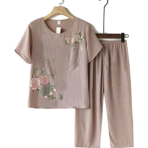 PLUS SIZE Women 2 Piece Set Cotton Linen Printed Short Sleeve Tops + Pants Suits Middle-aged Mother Summer Plus Size 4XL Y899