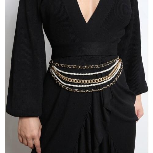 Youvanic Luxury Pearl Blet Gold Metal Thick Link Waist Chain For Women Punk Layered Tassel Dress Waistbands Fashion Jewelry 0569