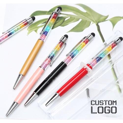 5pcs New Creative Rainbow Crystal Pen Metal Touch Screen Pen Students Cute Ballpoint Pen Office Gift 0.7mm Lettering Custom Logo