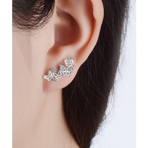 Korean Elegant Earrings 3D Butterfly Cubic Zirconia Crystal Ear Vine Wrap Stud Earring Lady Students Fashion Party Jewelry