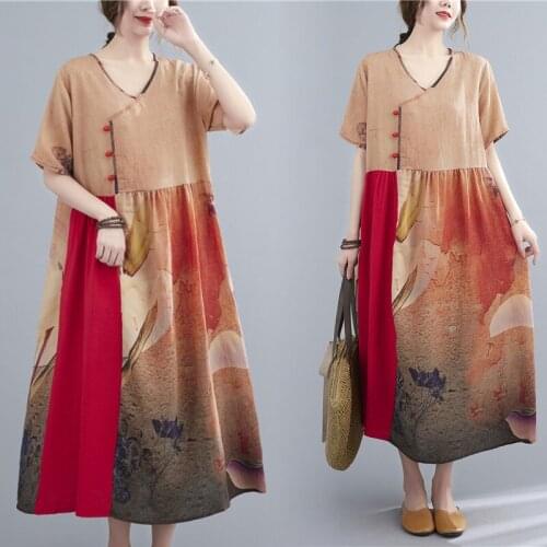 Chinese Style Vintage Dress 2021 New Arrival Patchwork Print Floral Soft Loose Summer Dress Holiday Travel Casual Women Dress
