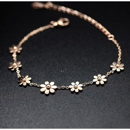 Top Quality Fashion Rose Gold Color Stainless Steel Material 7 Daisies Charms Anklet Foot Bracelet / Foot Charms Chain