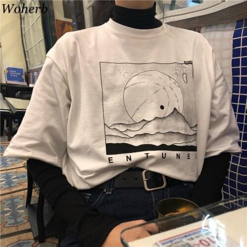 Woherb 2020 Summer Plus Size T Shirt Casual White Graphic Tees Women Harajuku Aesthetic Tops Shirts Cartoon Print T-shirt 21309