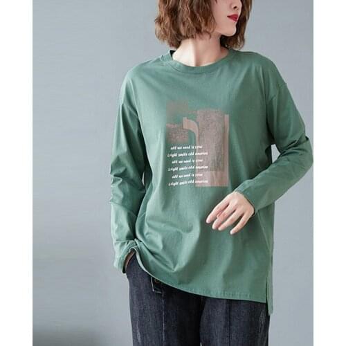 100% Cotton Women Long Sleeve T-shirts New Arrival 2021 Autumn Simple Style O-neck Letter Print Loose Female Tops Tees B941