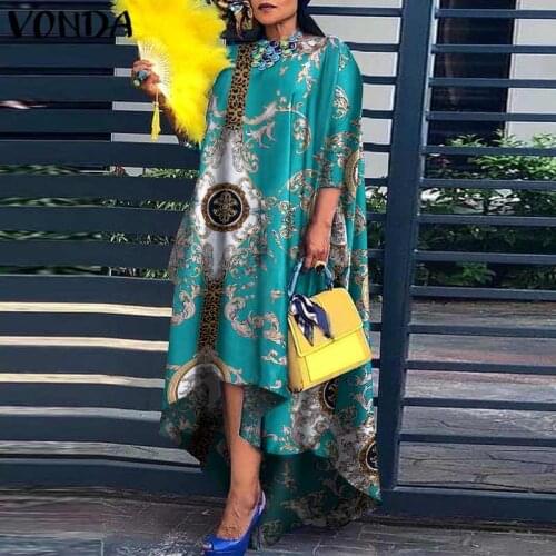 Irregular Sundress Women Dress VONDA 2021 Robe Femme Vintage Printed Holiday Party Dress Hem Long Vestidos Oversized