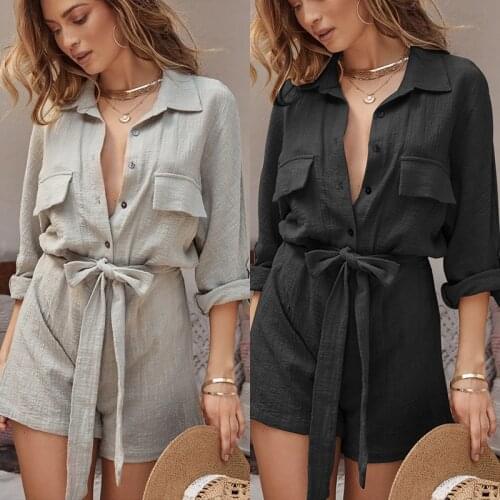 Elegant Cotton Solid Jumpsuit Women Summer 2021 V Neck Button Shirt Overalls Short Sleeve Office Lady One Piece Romper Belt