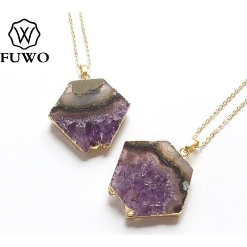 FUWO Trendy Women Natural Purple Crystal Slice Necklace Genuine Gold Electroplated Raw Rock Amethysts Jewelry For Women NC073