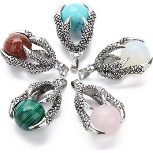 24x43mm Natural Round Gem Stone Beads Dragon Claw Wrap Pendants Retro Ball Charm Pendant For Necklace Jewelry Making
