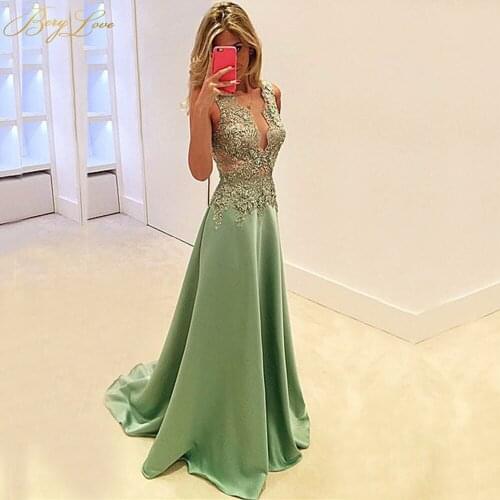 BeryLove Shiny Satin Green Evening Prom Dresses 2020 Elegant Gold Appliques Women Long Fashion Beading Sexy V Neck Party Dresses