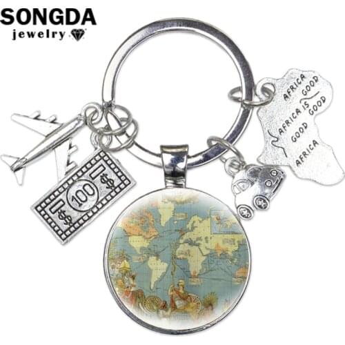 Retro World Travel City Exploring Keychain New York Africa UK France Switzerland Airplane Map Alloy Pendant Keychain Accessories