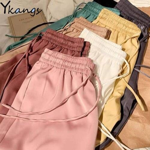 Summer Thin Wide Leg Pants Women Casual Elastic High Waist pockets Trousers concise Solid Milk Silk Skin Soft Loose Long Pants