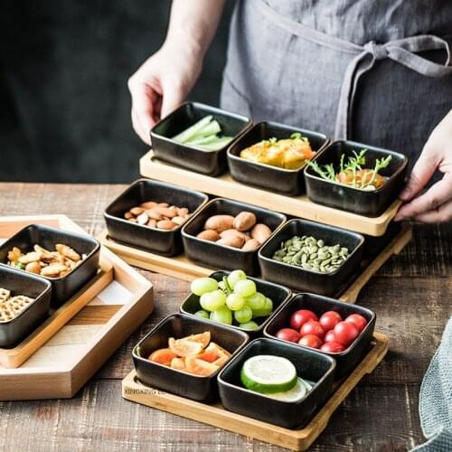 Black Frosted Gold Rim Dishes Ceramic Plate Japanese Tableware Snack Plate Fruit Plate Kitchen Soy Sauce Dish Wood Serving Tray
