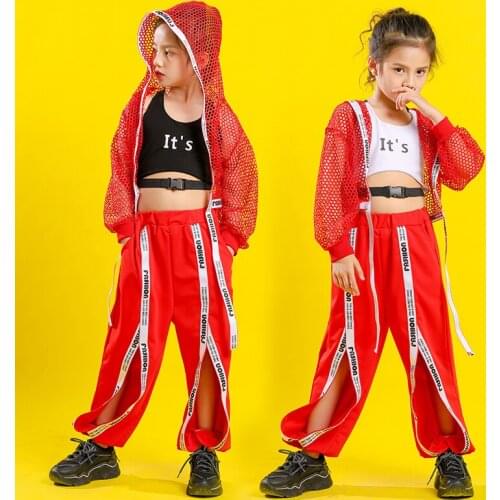 Kid Hip Hop Clothing Hoodie Crop Top Long Sleeve Net Jacket Tank Vest Loose Split Pants for Girl Jazz Dance Costume Clothes Wear