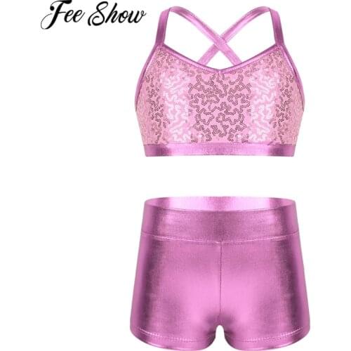 Children Kids Girls Shiny Sequins Tank Crop Top with Bottoms Set for Swimwear Gymnastics Leotard Dancing Exercise Workout Outfit