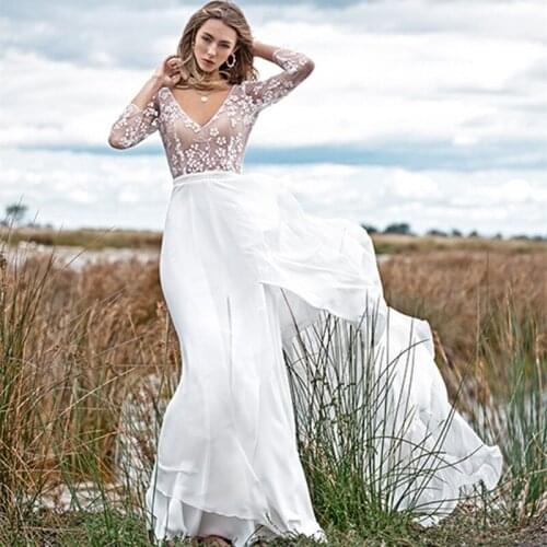 Boho Graceful Slim Wedding Dress 2021 Chiffon A-Line Lace Appliques V-Neck White Bridal gowns Floor-length Bride robe