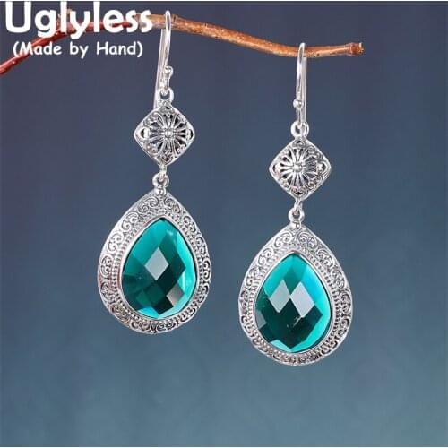 Uglyless Elegant Water Drop Faceted Crystals Earrings for Women Eye-catching Green Crystals Brincos 925 Silver Exotic Jewelry