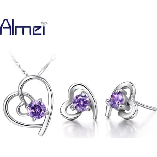 Almei Heart Love Purple Wedding Silver Color Bridal CZ Zircon Jewelry Sets For Women White Crystal Earring Necklace Set T032