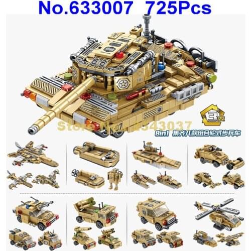 633007 725pcs 8in1 Military Ww2 Vehicle Helicopter Tank Fighter Warship Building Blocks Toy