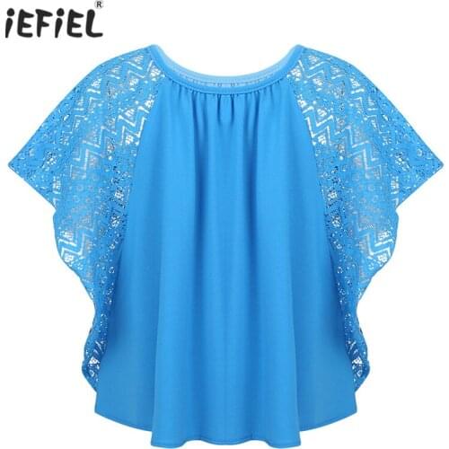 Big Girls Lace Batwing Raglan Sleeves Beautiful Princess Tops Round Neckline Loose Fit Pull On Circle Shirt for School-Wear