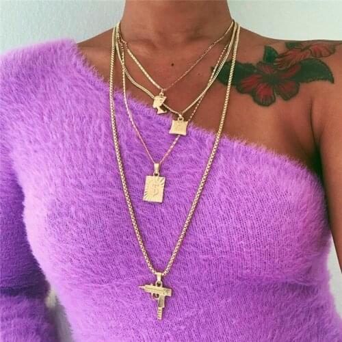 Fashion Multi Layer Necklace Gun Pharaoh Pendant Necklace For Women Golden Color Statement Necklace New Design Jewelry Gift