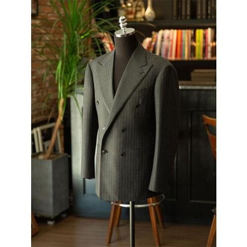 Mens Woolen Suit Top Striped Japan England Double-Breasted V-Sleeve Jacket Fashion Handsome Overcoat