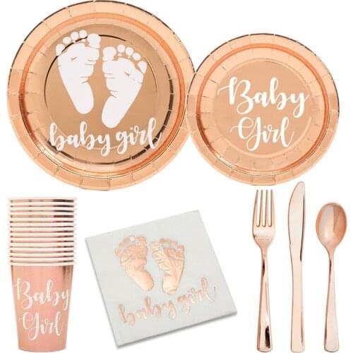 Baby Girl Rose Gold Party Disposable Tableware Set Paper Straws Plates Cups Napkins Baby Shower Birthday Table Decoration Supply