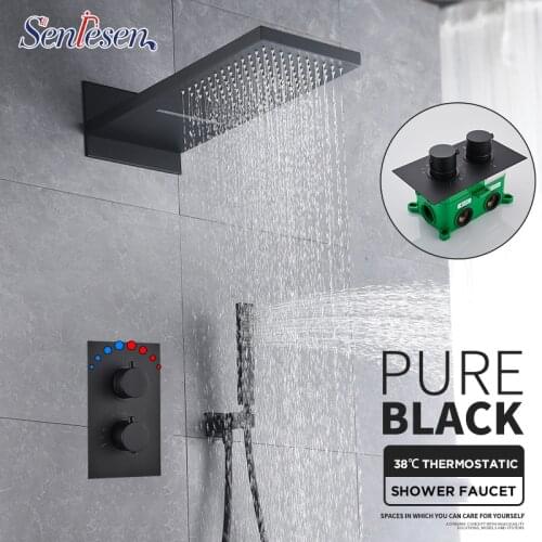 Senlesen Black Thermostatic Shower Faucets Set Rain Waterfall Shower Head Mixer Tap Bath 3-way ThermostaticShower Faucet