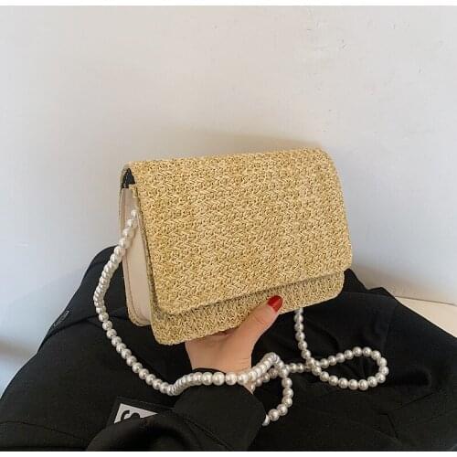2021 Summer New Hand-woven Small Square Bag Straw Woven Clamshell Mini Bag Pearl Messenger Bag One-shoulder Pearl Bag