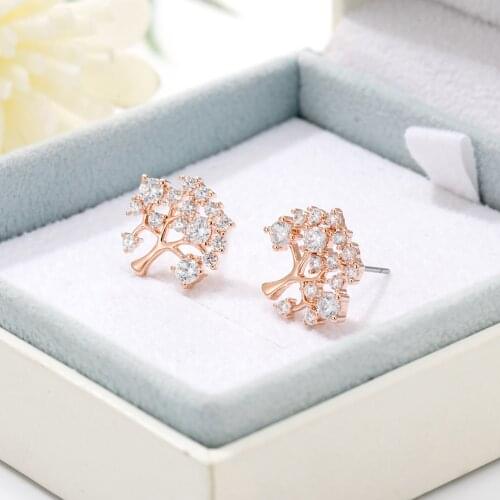 New Rose Gold Tree Of Life Cubic Zirconia Stud Earrings For Women Female Trendy Jewelry Tiny Cute Earrings Brincos Gifts Xmas