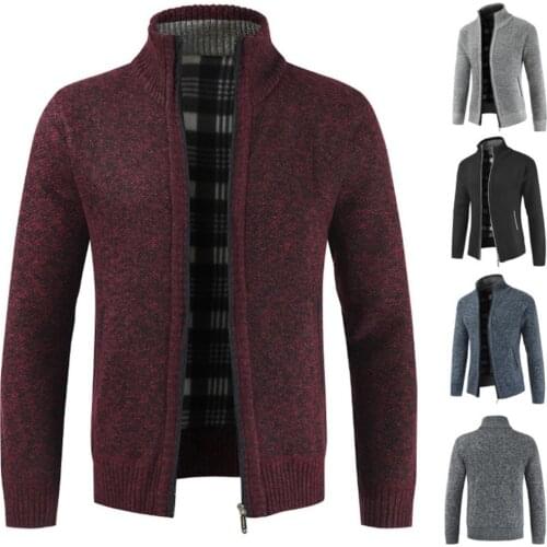 Autumn Winter Men Knitted Sweater Pockets Plush Liner Warm Slim Cardigan Coat