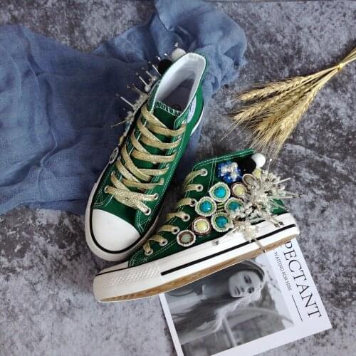 Autumn new fashion designer hand-designed exquisite beaded canvas shoes wild gold ribbon high-top womens shoes