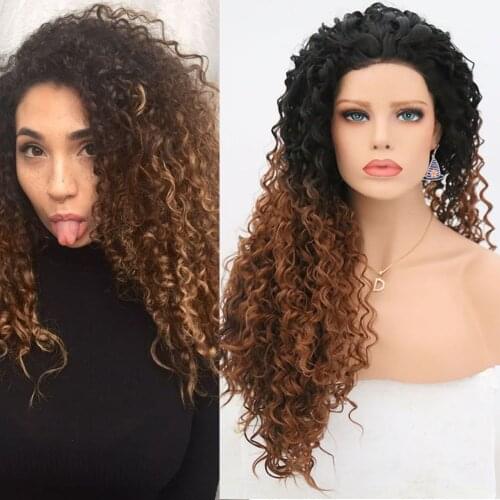 QUINLUX WIGS Brown Ombre Curly Long Wig For Black Women African Synthetic Lace Front Wig High Temperature Heat Fiber Daily Use