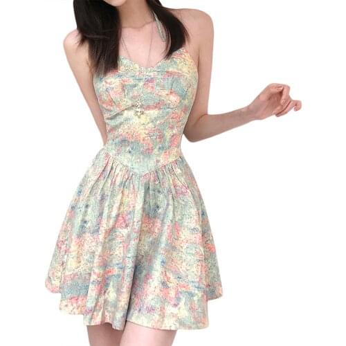 2021 New Women Summer Halter Dress, Adults Sleeveless Tie-up Printed V-neck (Multicolor)