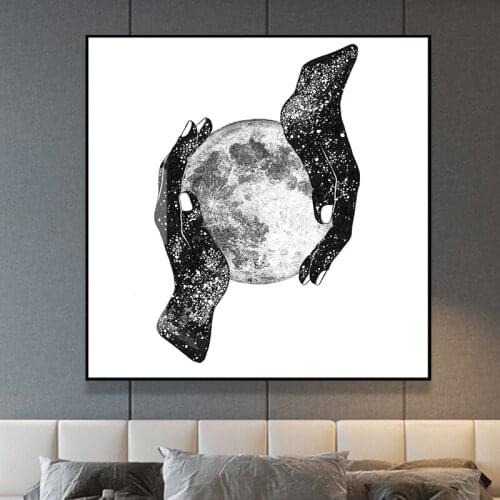 Nordic Black White Planet in Hands Love Canvas Posters Prints Universe Earth Wall Art Picture for Living Room Bedroom Home Decor