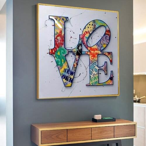 Modern Abstract Graffiti LOVE Wordart Canvas Painting Watercolour Poster and Prints Wall Art Pictures for Living Room Decoration