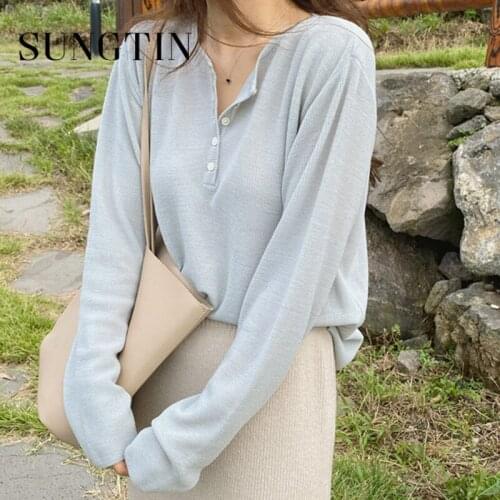 Sungtin Knitted Pullover V Neck Sweater Women Loose Casual Sweater Female Loose Button Harajuku 4 Color Sweater Korean Fashion