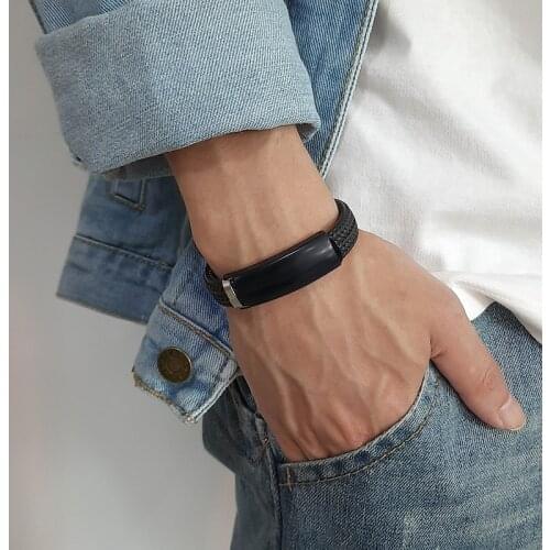 Vnox Customized Black Bracelets for Men Stainless Steel Braided Texture Rubber Silicone Bangle Casual Wristband Stylish Clasp