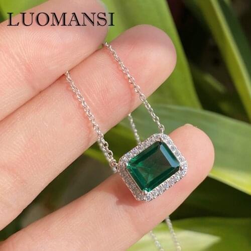 Luomansi 100%-S925 Sterling Silver Jewelry 2 Carat Square Emerald Pendant Necklace Womens Party Anniversary