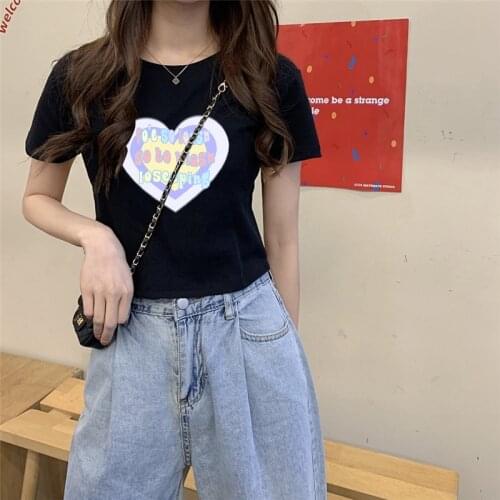 2021 New Short Cropped Short-sleeved T-shirt Heart Color Letter Print Women Sexy Tops Woman Tshirts