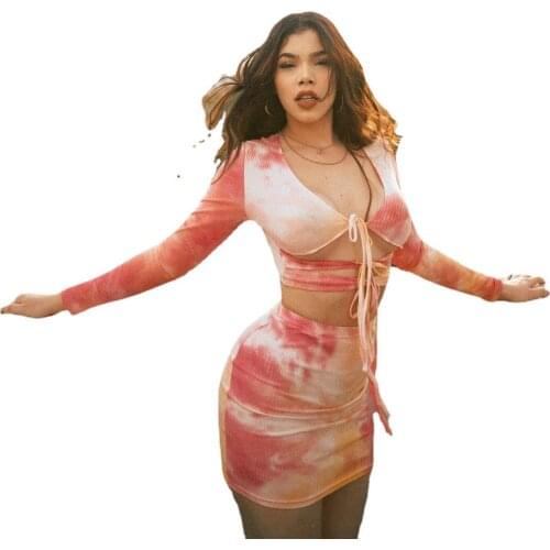 Ladies Short Skirt Set Autumn Sexy Printed V-Neck Long Sleeve Two-Piece Cross Hollow Top Covered Hip Short Skirt Set