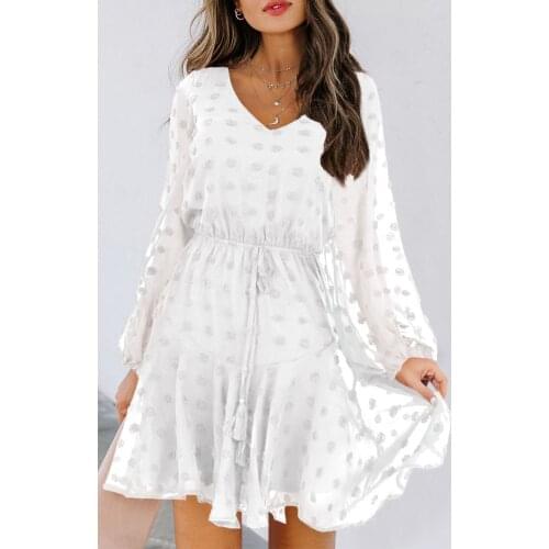 White Swiss Dot Long Sleeve Mini Dress with Waist Tie Women Autumn Spring Sweet A Line Dress
