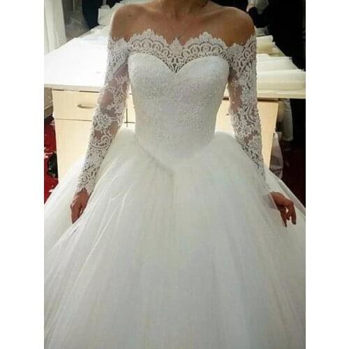 Ball Gown Tulle Applique Off-the-Shoulder Long Sleeves Sweep/Brush Train Wedding Dresses Bride Bridal Gown