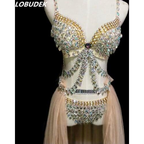 Sparkly Colorful Rhinestones Bikini Crystals Bra Shorts Girdle Set Prom Party Catwalk Show Costume Nightclub DJ Singer Host Wear
