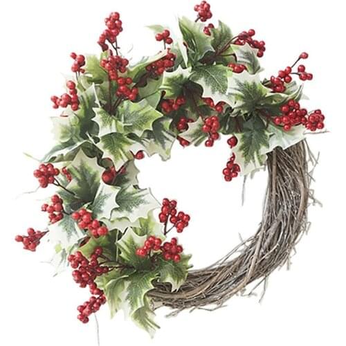 Artificial Wreath for Front Door, Flushed with Holly Leaves with Red Berry, for Windows Wall Fireplace Party Decoration