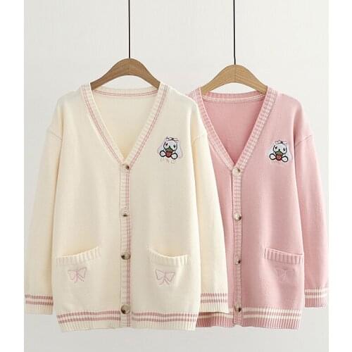 Pink Cartoon Rabbit Jacquard Chic Knit Women Cardigans 2021 Winter Warm V-neck Single Breasted Sweet Girly Kawaii Cute Tops