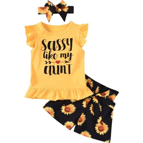 1-6Y Summer Casual Toddler Baby Girls Clothes Sets Letter Print Ruffles Sleeve T Shirts Tops+Floral Pants Headband