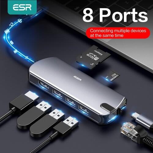 ESR USB C Hub 8-In-1 USB Type-C Hub USB 3.0 Output Adapter Splitter Fast Speed Transfer TF SD Card Reader USB Charger Hub 6 Port